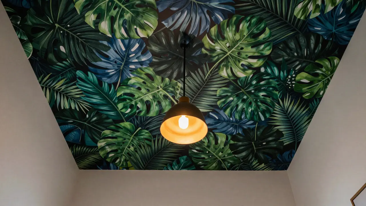 Chambre avec un plafond haut orné de grandes feuilles tropicales vertes et bleues sombres