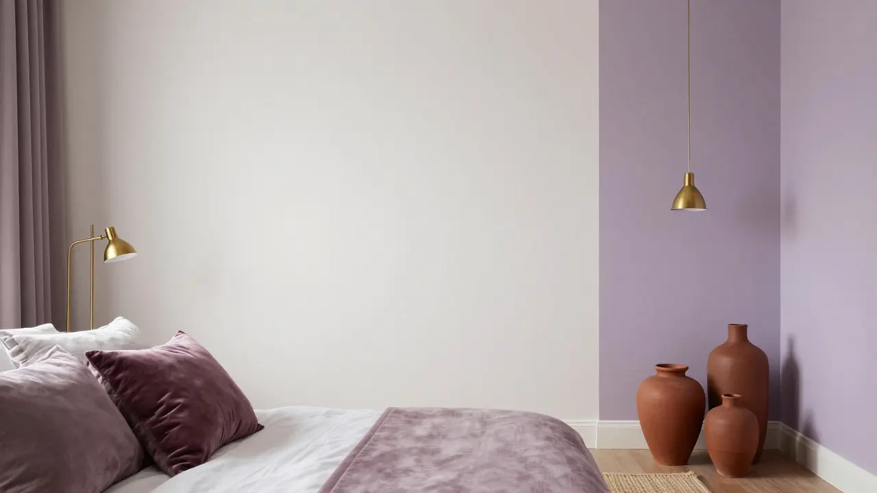 Chambre élégante illustrant la règle 60-30-10 avec accents lavande et laiton