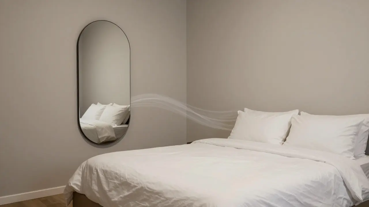 Chambre zen avec lit perpendiculaire au miroir pour respecter le Feng Shui