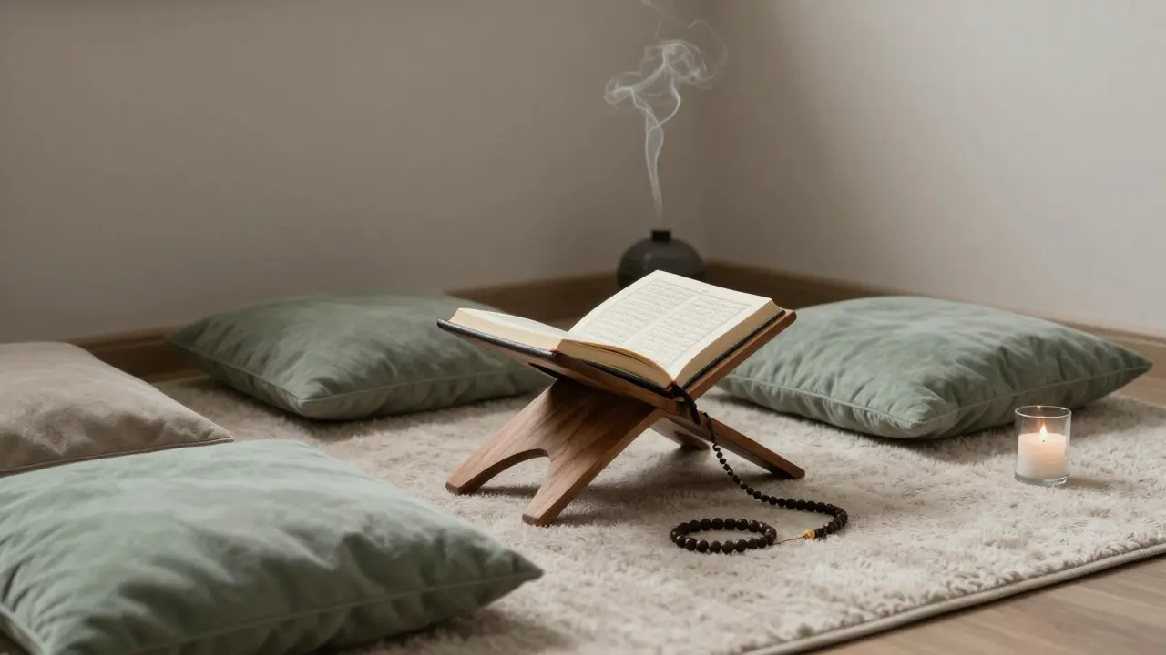 Coin prière zen avec tapis, Coran sur support et bougie parfumée