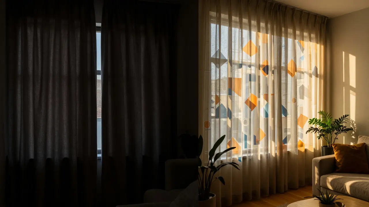 Comparaison visuelle entre rideaux opaques et film décoratif lumineux