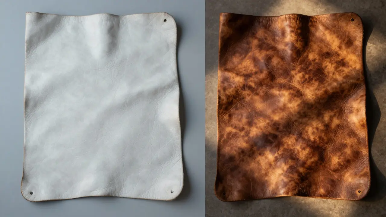 Comparaison visuelle entre un cuir neuf uniforme et un cuir patiné