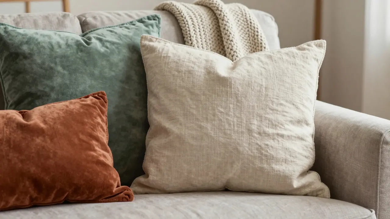 Coussins en velours et lin ainsi qu'un plaid en laine sur un fauteuil confortable