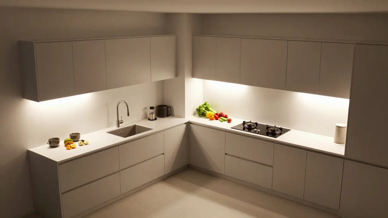 Cuisine avec éclairage d'ambiance doux et lumière de tâche intense