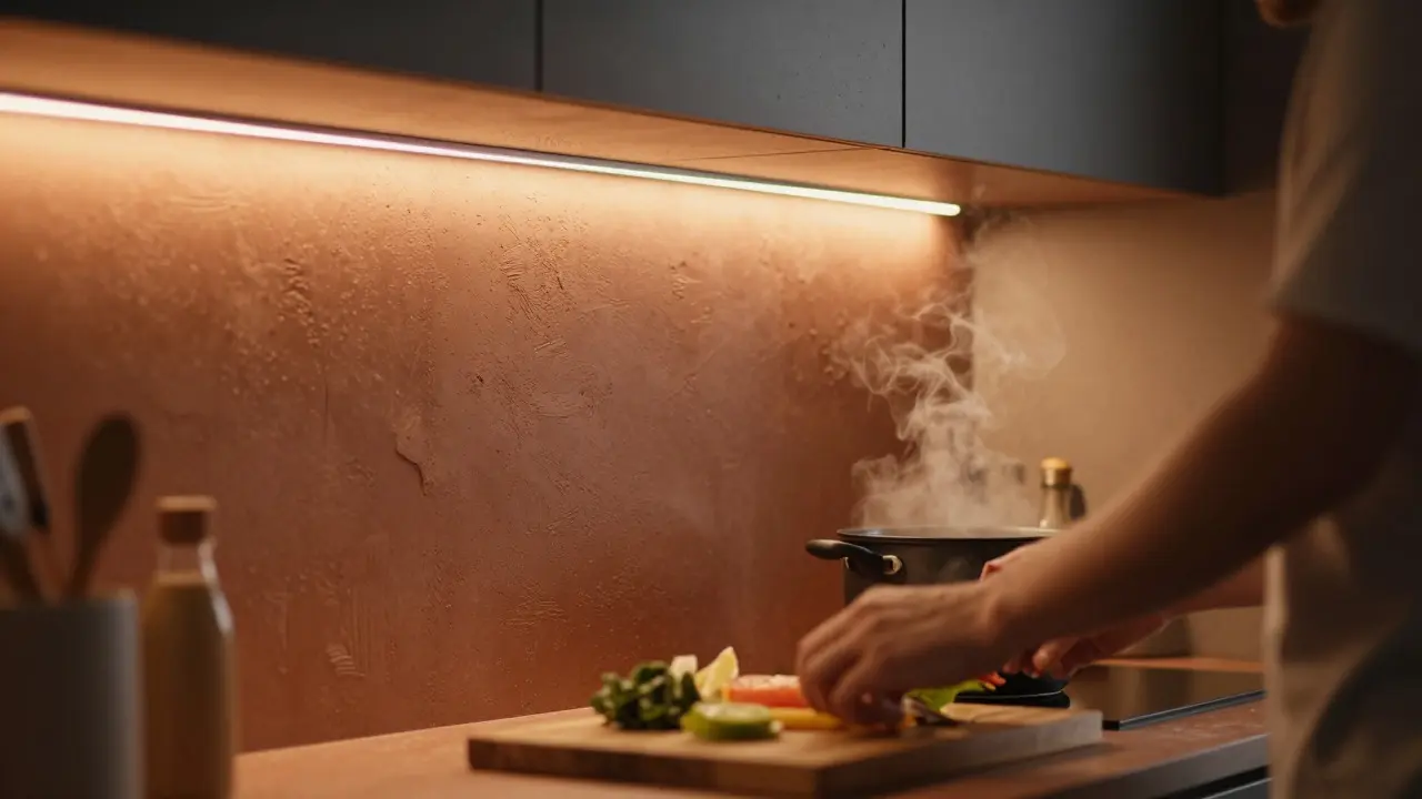 Cuisine chaleureuse avec crédence effet béton éclairée par LED