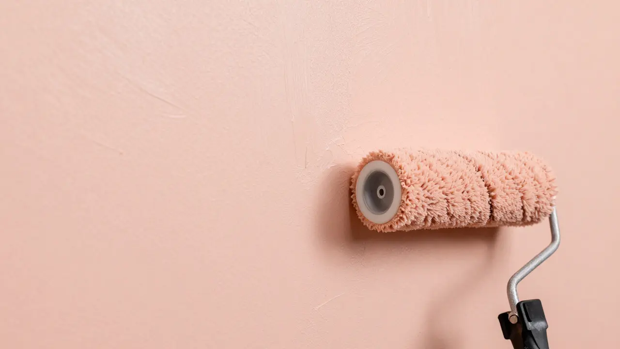 Détail d'un mur poudré pêche finition mate appliqué avec un rouleau professionnel
