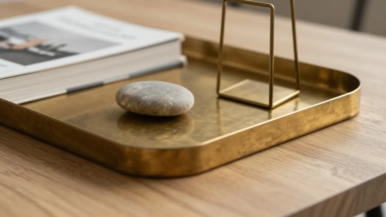 Détail d'un plateau en laiton avec objets décoratifs