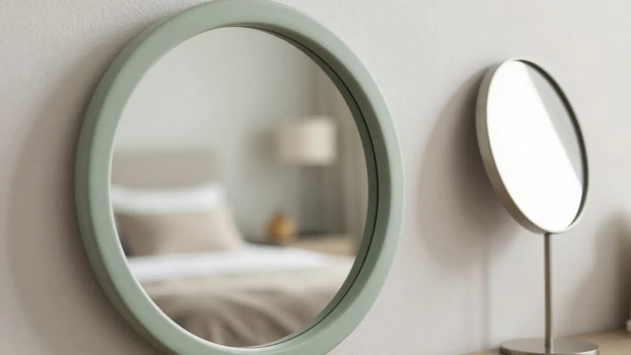 Détail de miroirs aux formes douces et cadres mats dans un coin intime