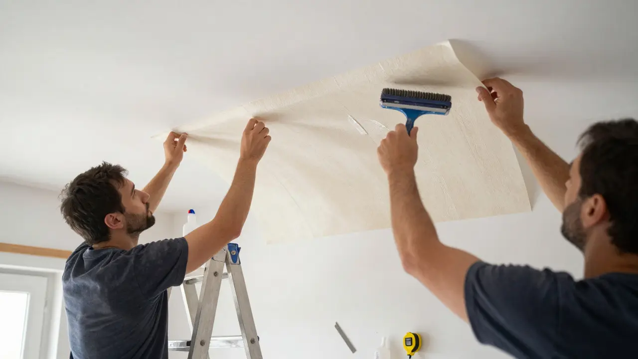 Deux personnes posant du papier peint intissé sur le plafond avec une brosse et un escabeau