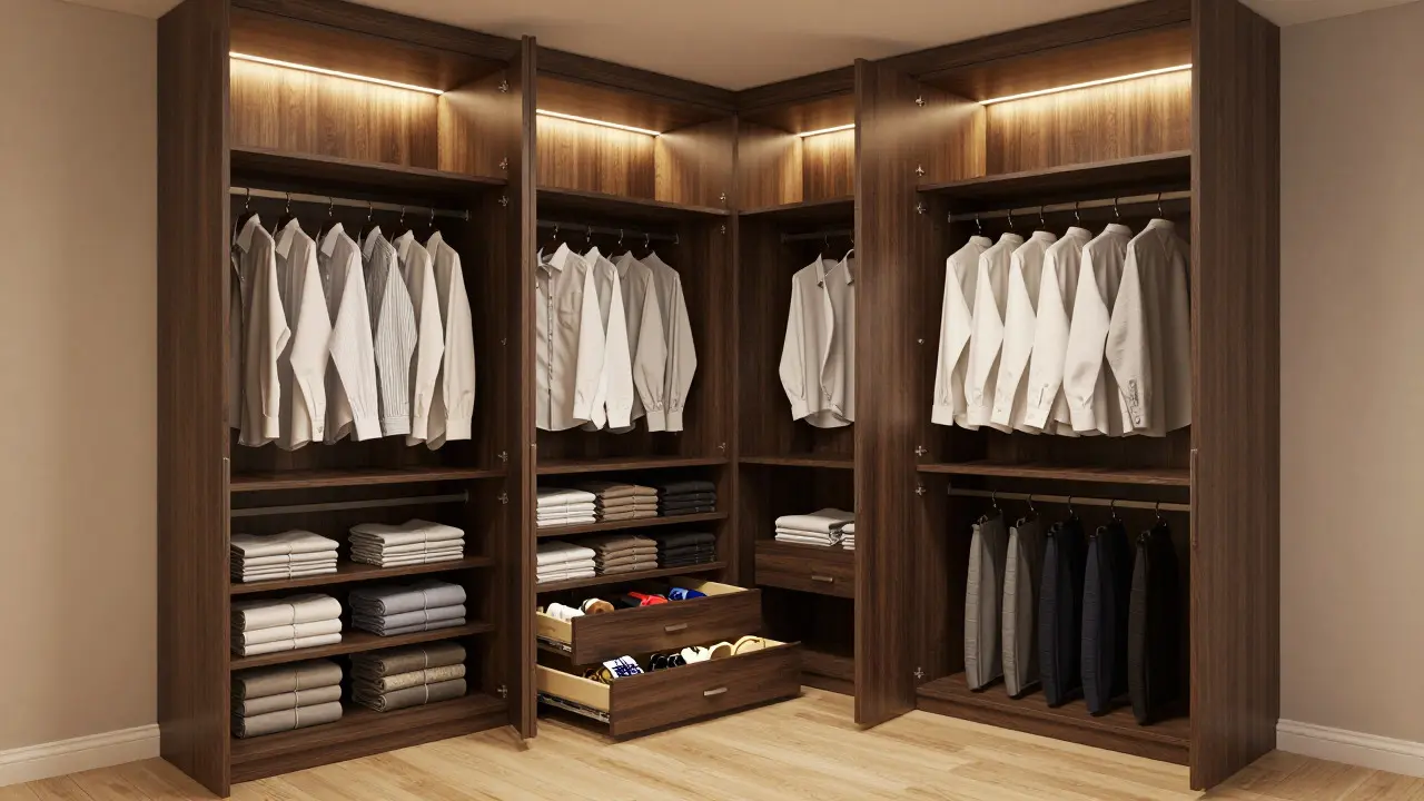 Dressing en L dans une chambre avec rangements intérieurs
