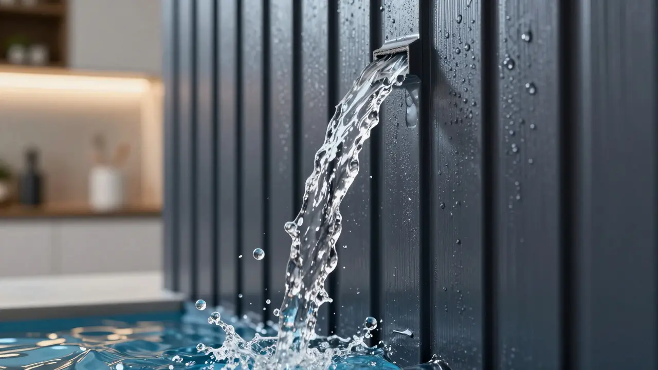 Eau qui rebondit sur un mur en lambris PVC effet ardoise