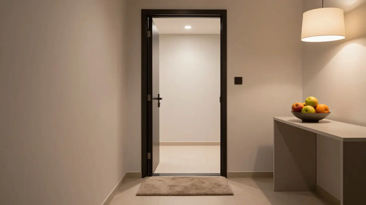 Entrée intérieure épurée avec un tapis, un bol de fruits et un éclairage doux