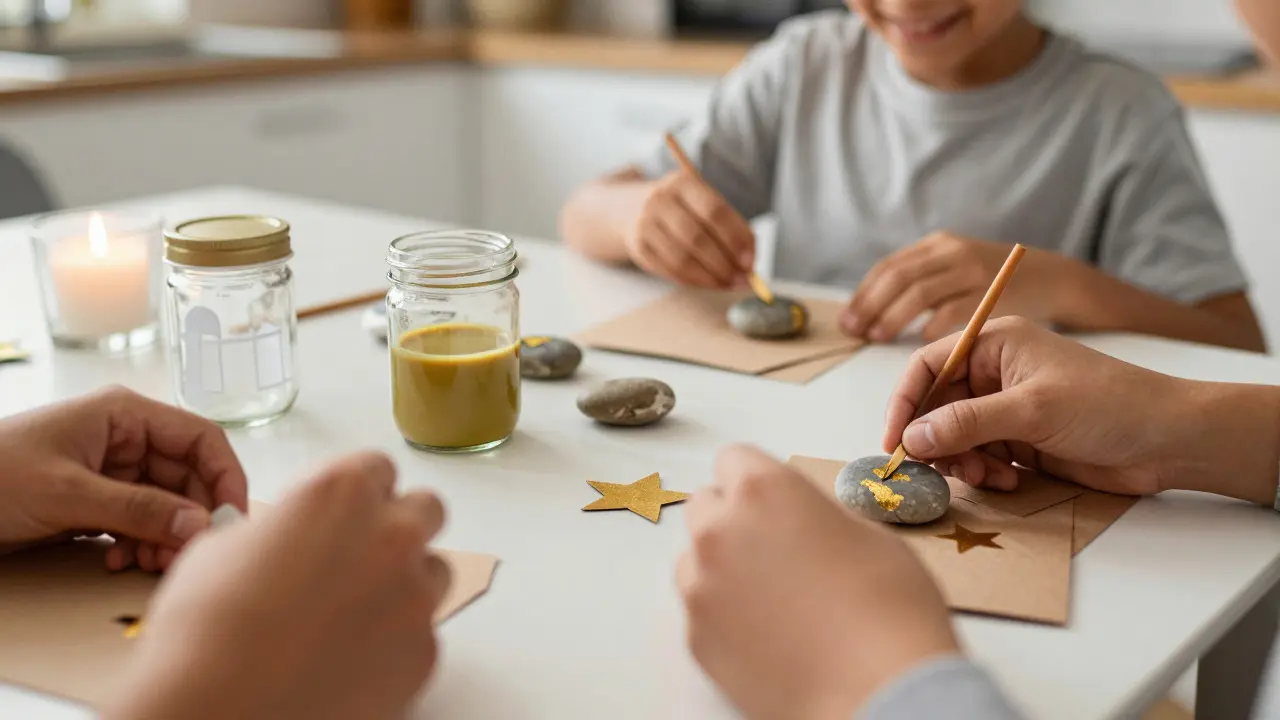 Famille créant des décorations artisanales DIY avec étoiles et pots recyclés
