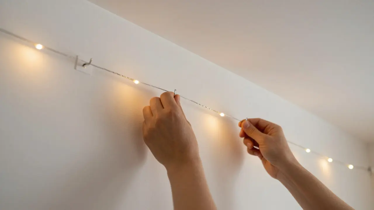 Fixation d'une guirlande lumineuse sur un mur avec des crochets adhésifs