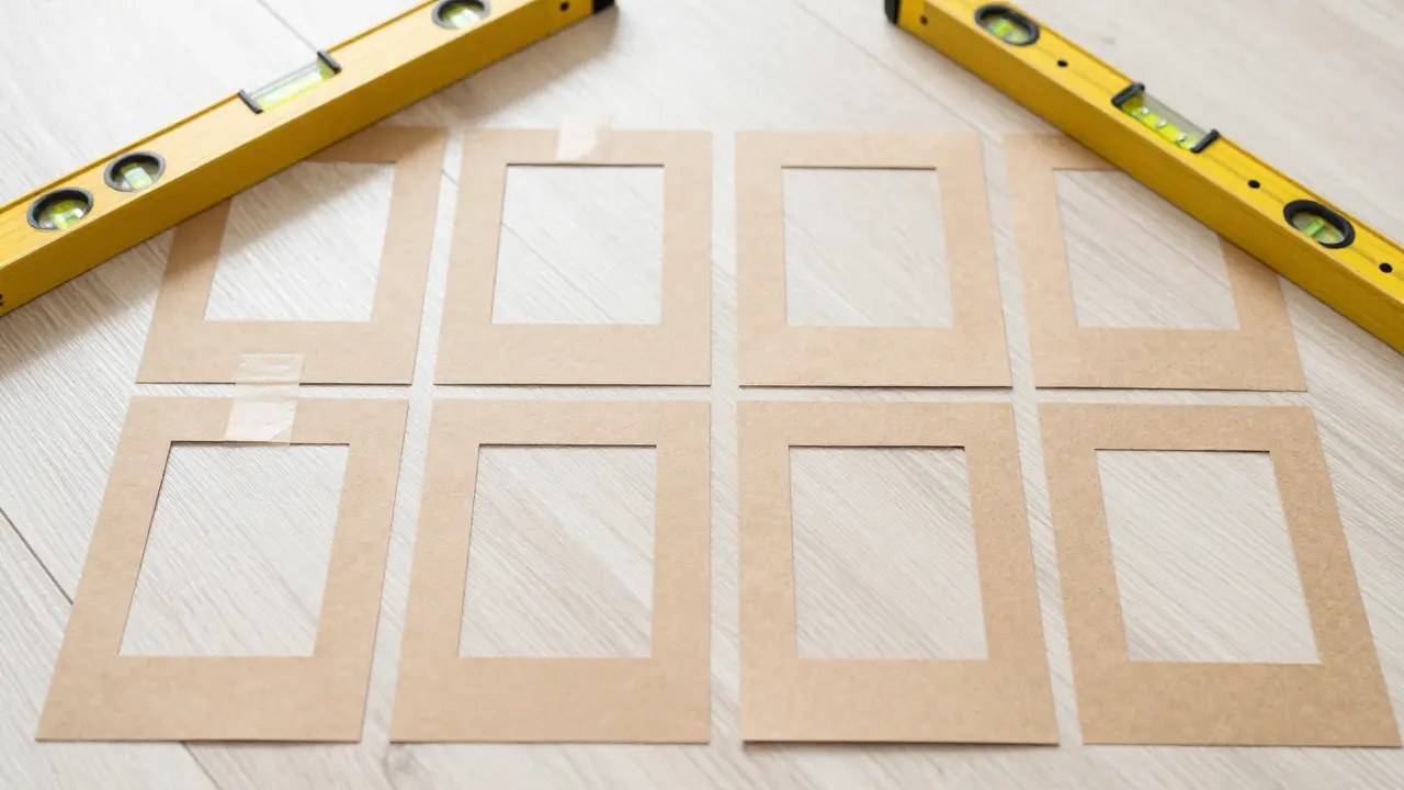 Gabarits en papier kraft disposés au sol pour planifier une galerie murale