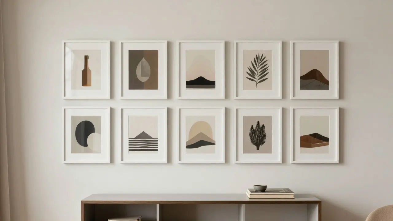 Galerie murale uniforme blanche au-dessus d'une console dans un salon scandinave