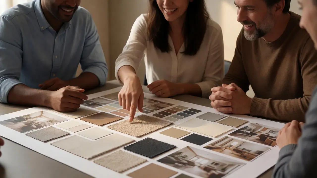 Groupe professionnel discutant autour d'un grand moodboard physique posé sur une table de réunion.