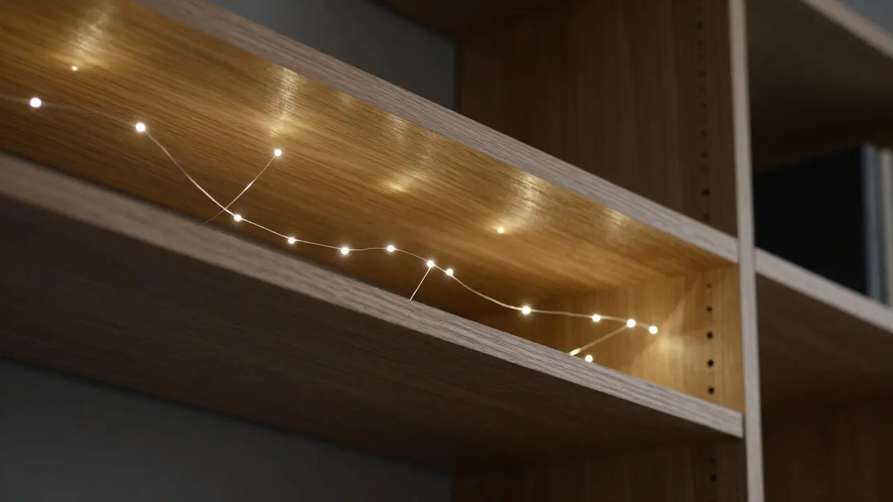 Guirlande LED fine décorant une étagère en bois dans un salon moderne