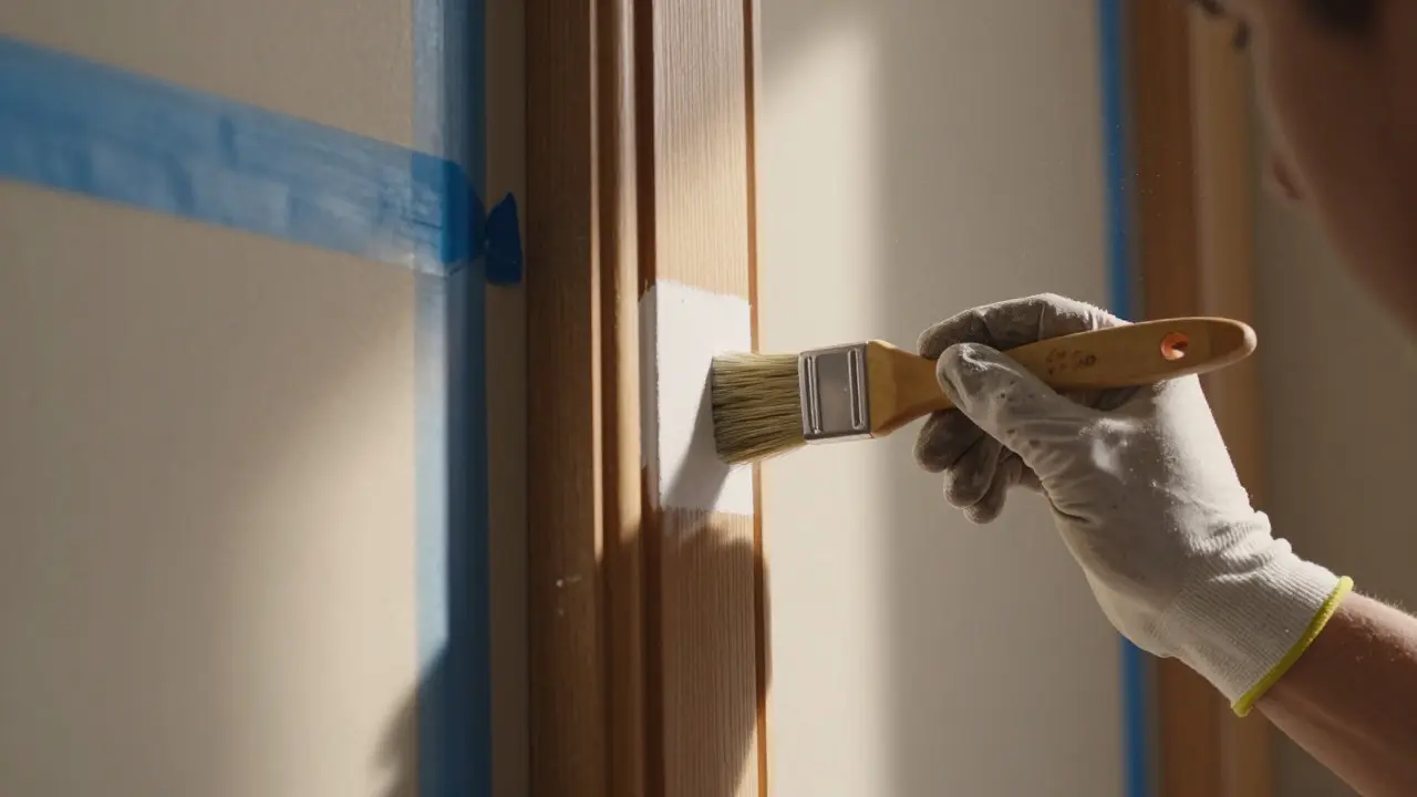 Hands applying primer to wooden molding with painter's tape nearby