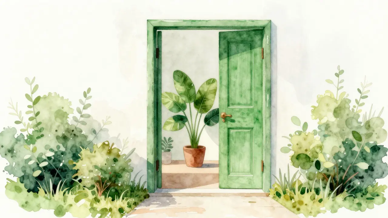 Illustration aquarelle d'une porte verte entourée de plantes saines et d'un chemin dégagé