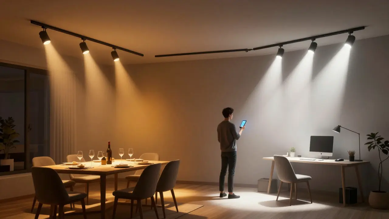 Illustration conceptuelle montrant la flexibilité de l'éclairage par rails pour différentes ambiances