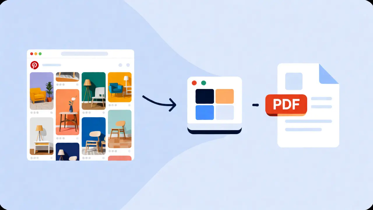 Illustration vectorielle montrant la transformation d'un tableau Pinterest en fichier PDF structuré.
