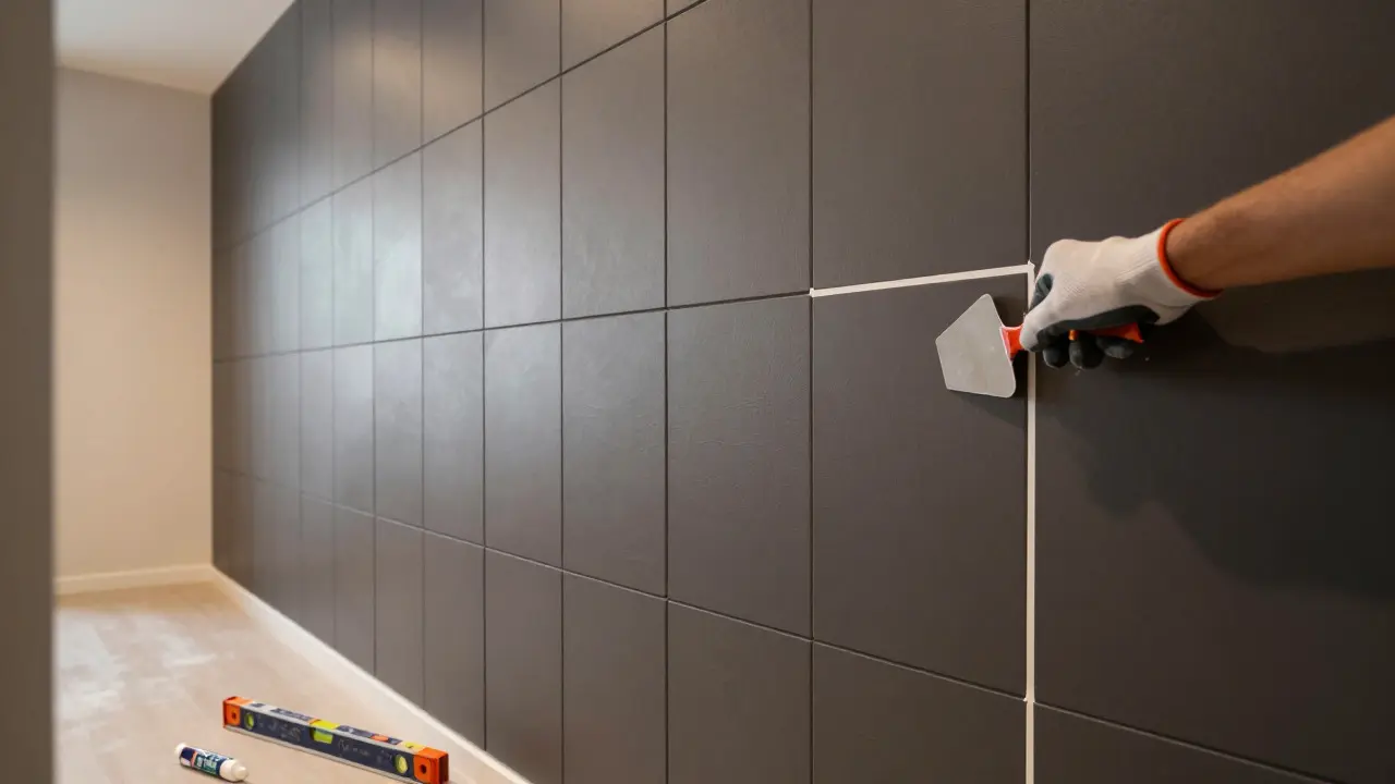 Installation finale de panneaux muraux 3D gris avec traitement des joints au mastic