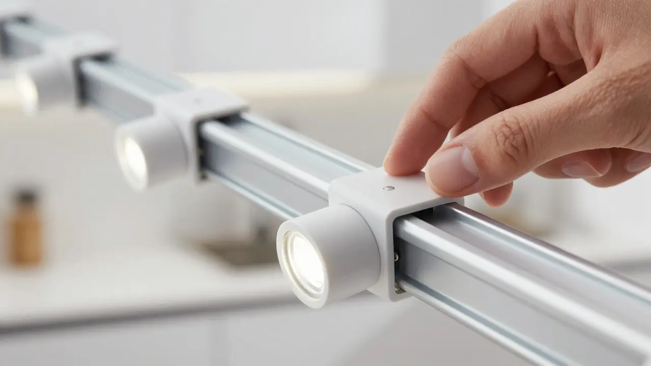 Main ajustant un spot LED magnétique sur un rail métallique dans une cuisine lumineuse