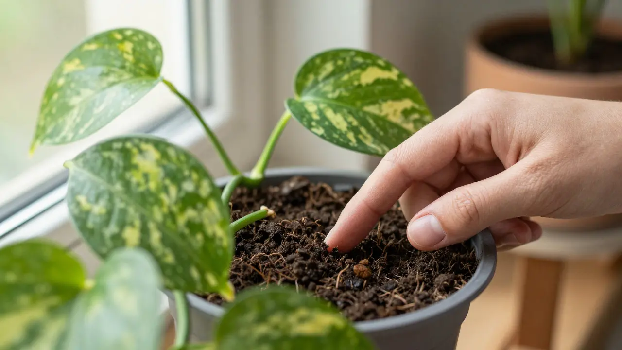 Main vérifiant l'humidité du sol d'un Pothos avec le test du doigt