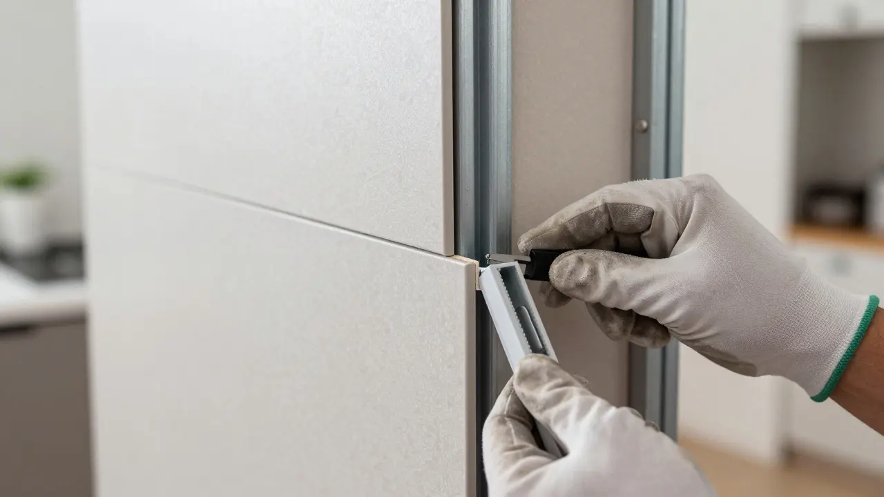 Mains posant un panneau de lambris PVC sur une ossature métallique