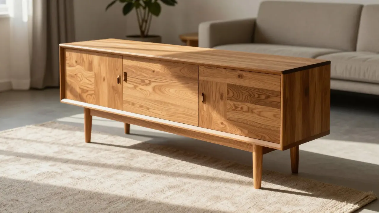 Meuble scandinave surélevé par des pieds en chêne massif dans un salon lumineux
