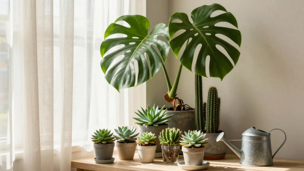 Monstera et succulentes baignées de lumière naturelle près d'une fenêtre