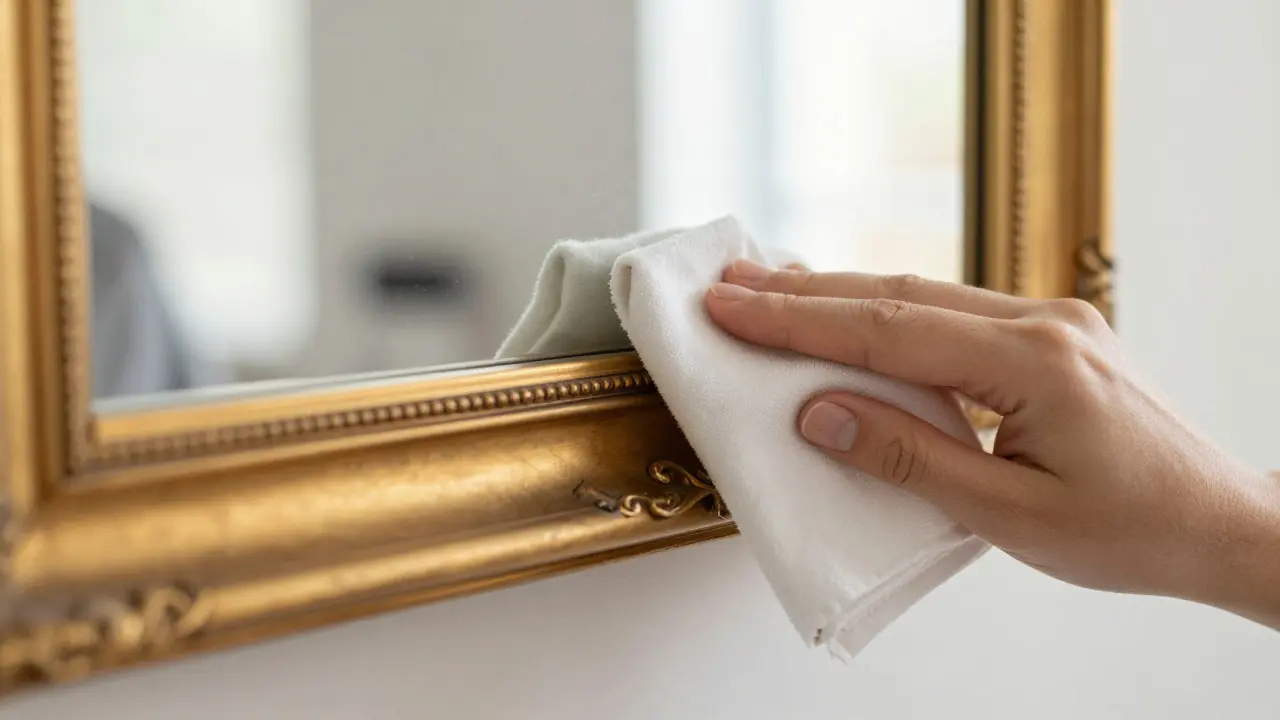 Nettoyage délicat d'un cadre de miroir doré avec un chiffon doux