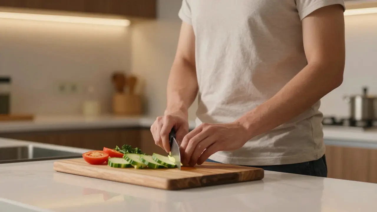 Personne debout à un plan de travail ergonomique, bras en position confortable pendant la découpe
