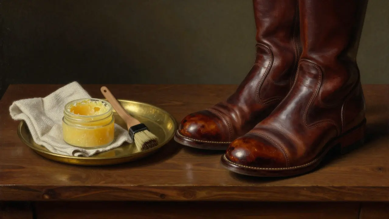 Produits d'entretien et bottes de cuir cirées sur une table en bois