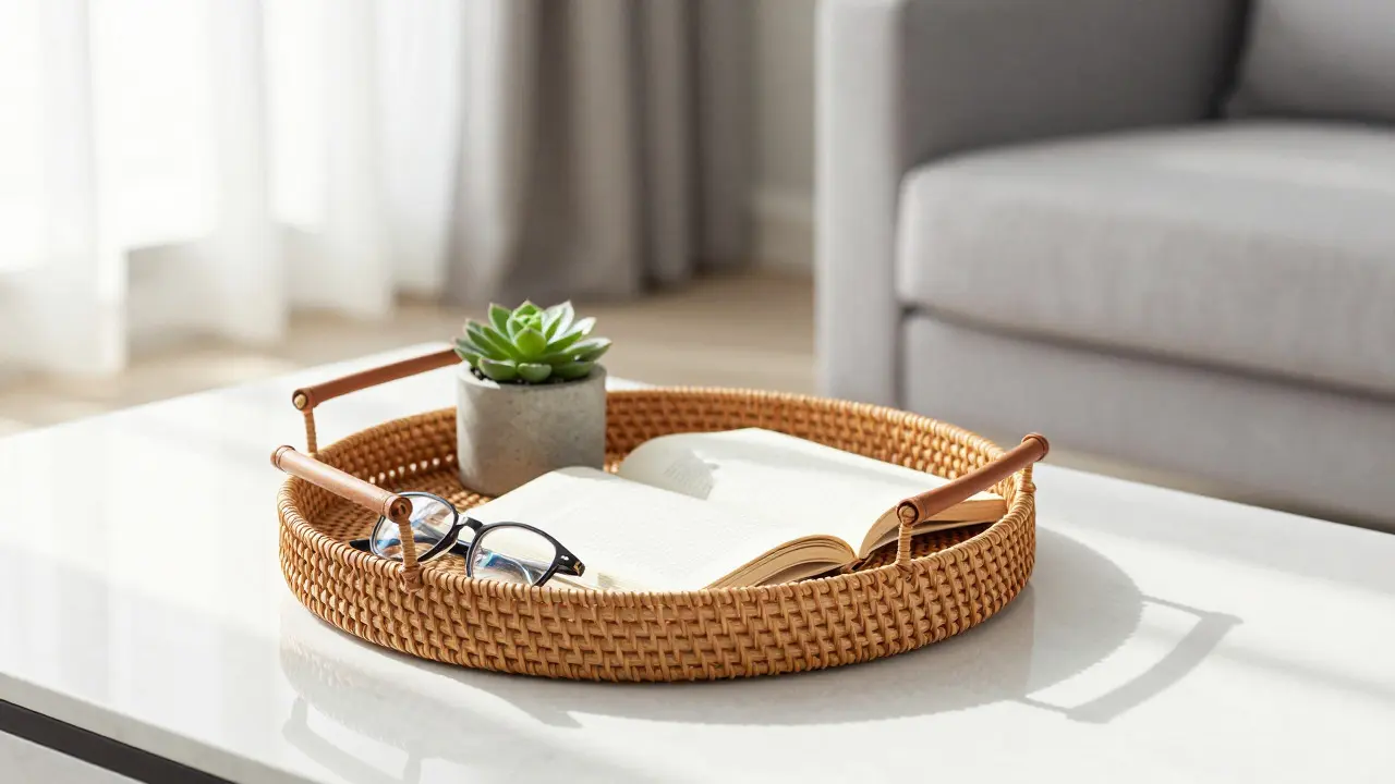 Table basse scandinave avec plateau en rotin minimaliste