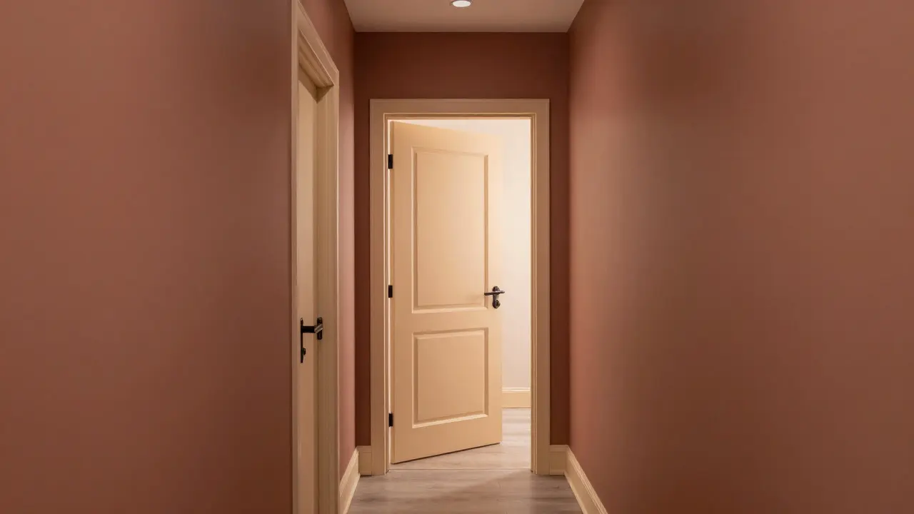Terracotta hallway with matching ocre door frames and trim