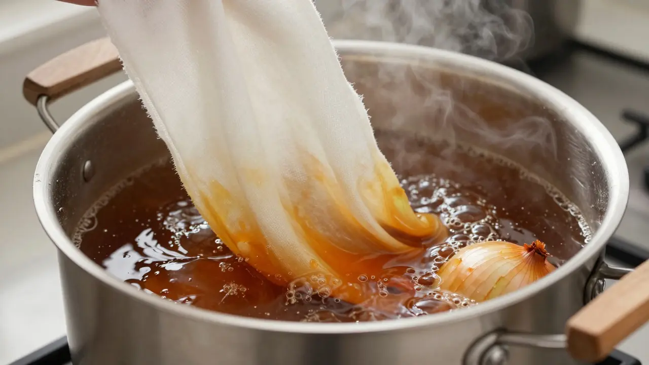 Tissu en coton trempé dans une marmite de bain de teinture orange fumant.