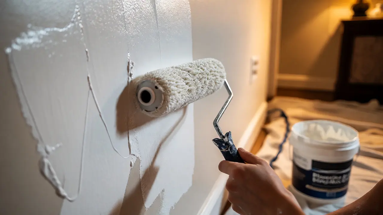 Application de peinture blanche au rouleau avec la technique du W sur un mur préparé.