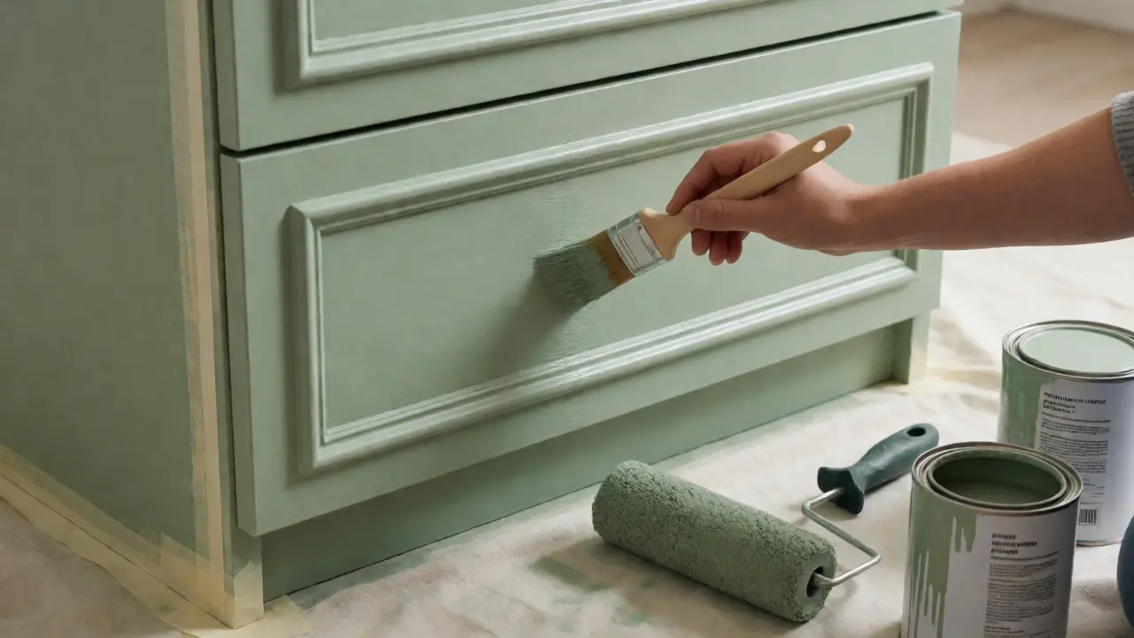 Application de peinture verte sur les moulures d'une commode avec un pinceau fin
