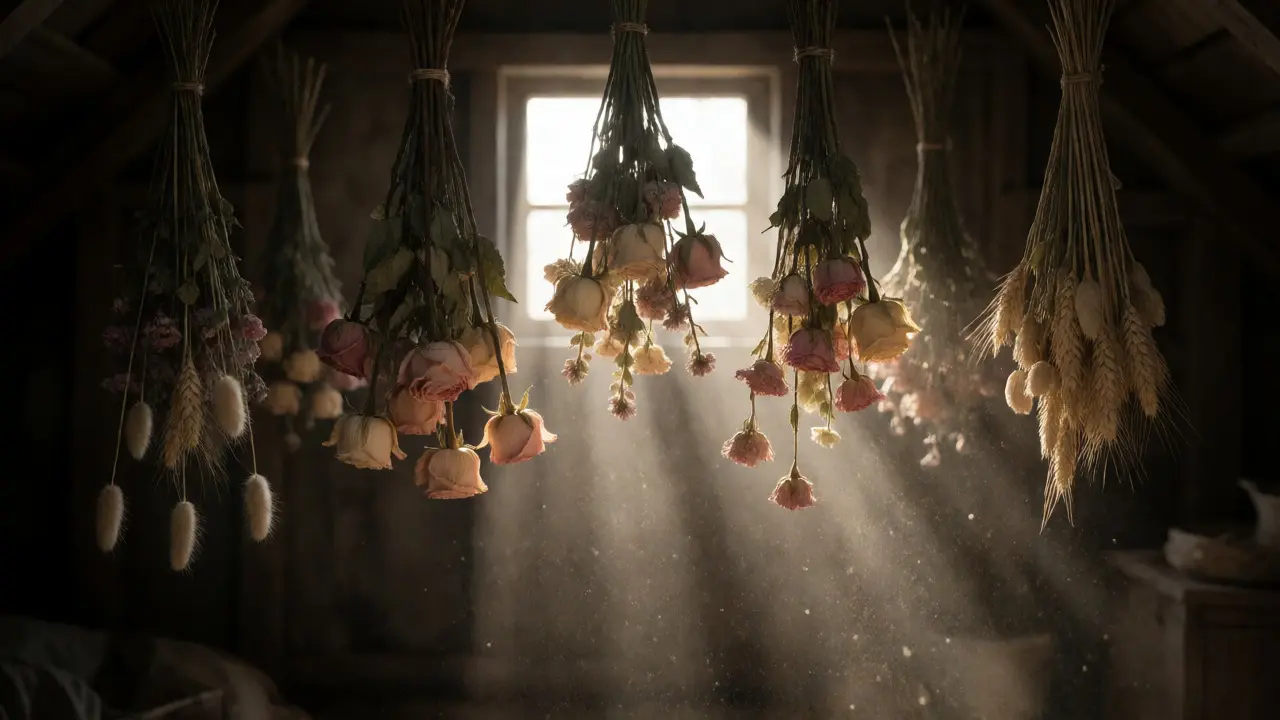 Bouquets de fleurs séchées suspendus tête en bas dans une pièce sombre éclairée par des rayons de soleil poussiéreux.