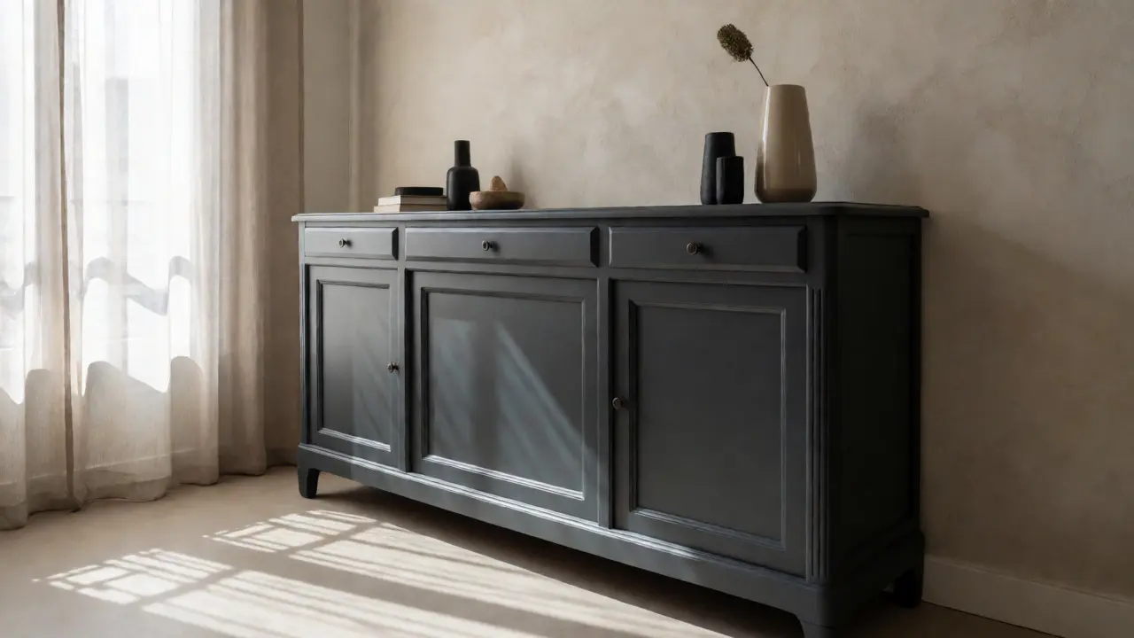 Buffet ancien repeint en gris anthracite dans un salon moderne lumineux