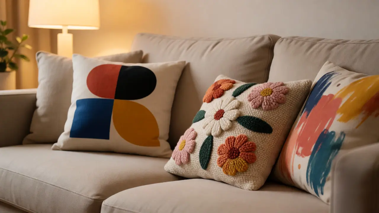 Canapé moderne décoré de coussins personnalisés avec motifs peints, appliqués et en relief.