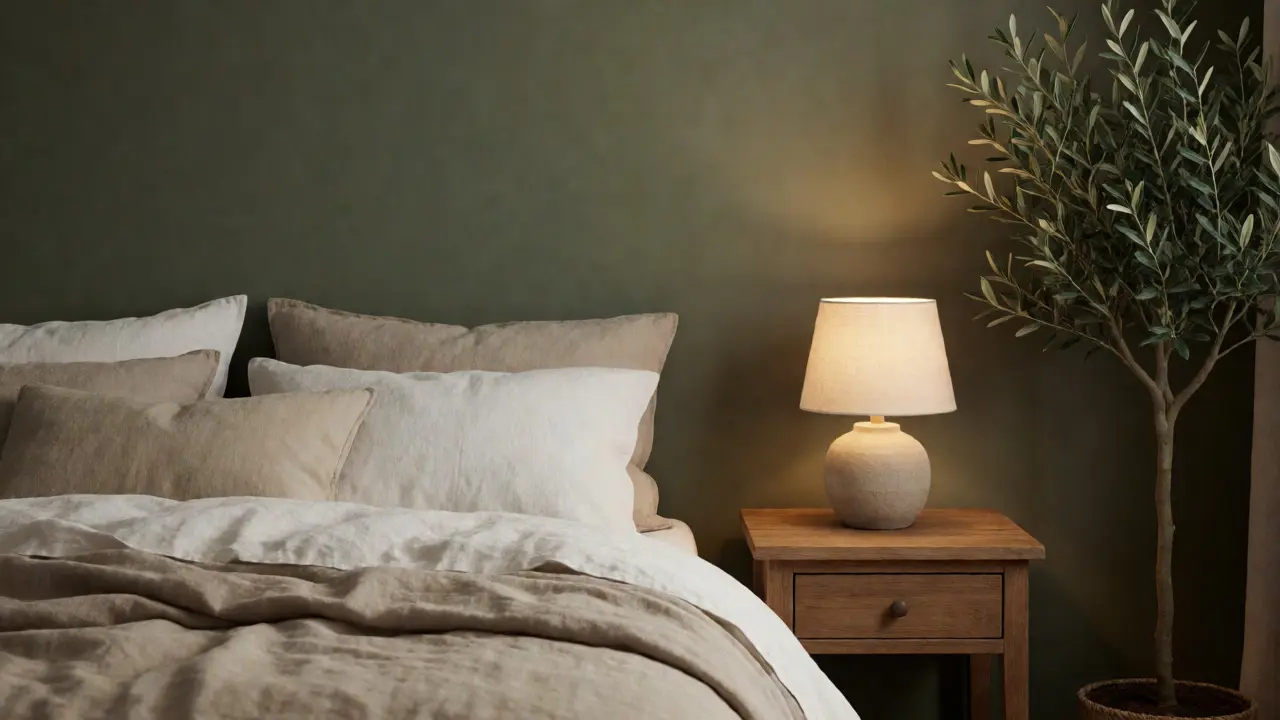 Chambre apaisante avec mur vert sauge et linge en lin naturel