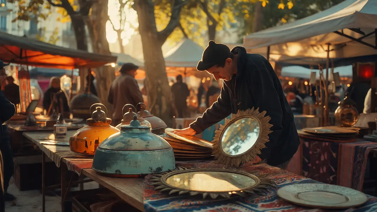 Chineur découvrant des objets vintage sur un marché aux puces ensoleillé à Lyon