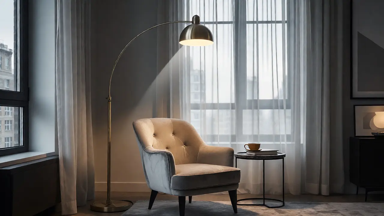 Coin lecture moderne avec un lampadaire à bras articulé éclairant un fauteuil.