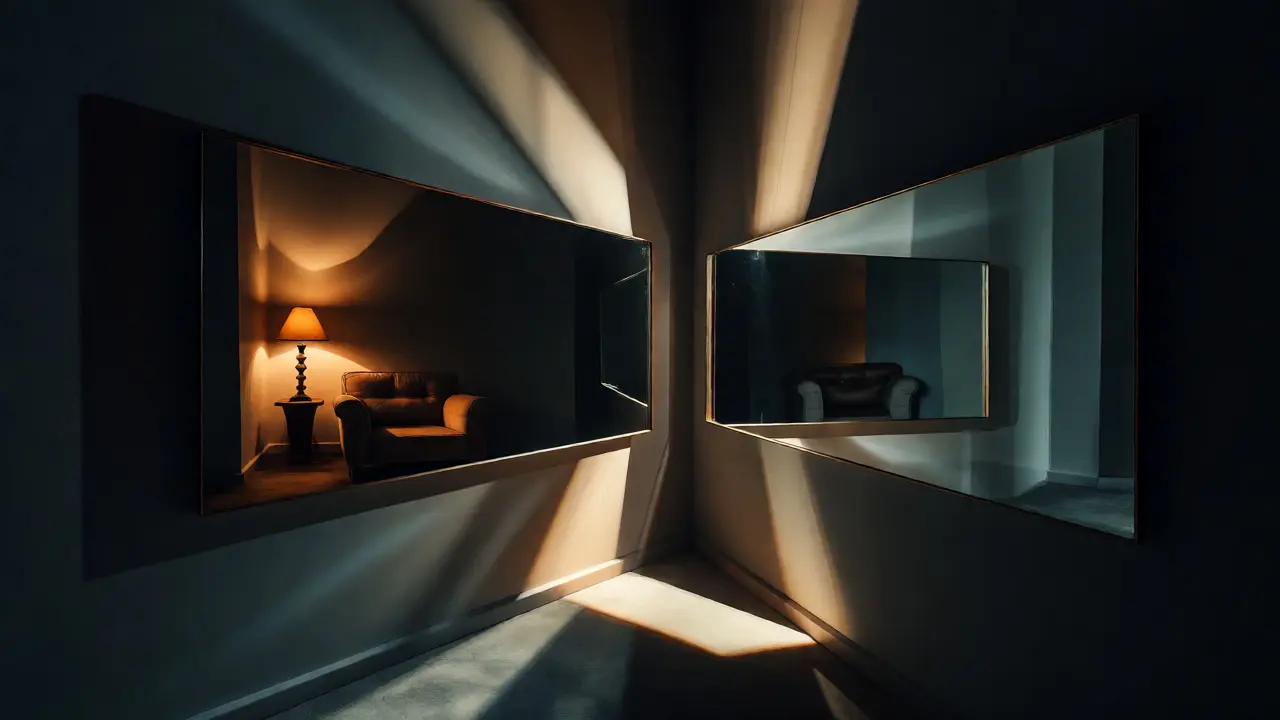 Composition artistique de deux miroirs se faisant face dans un coin sombre, créant une illusion d'infini et de profondeur.