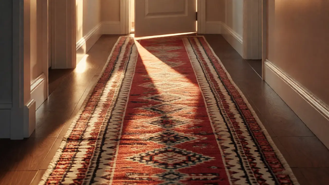 Couloir chaleureux avec un tapis motif berbère centré, laissant les bords du bois apparents pour un effet visuel élégant.