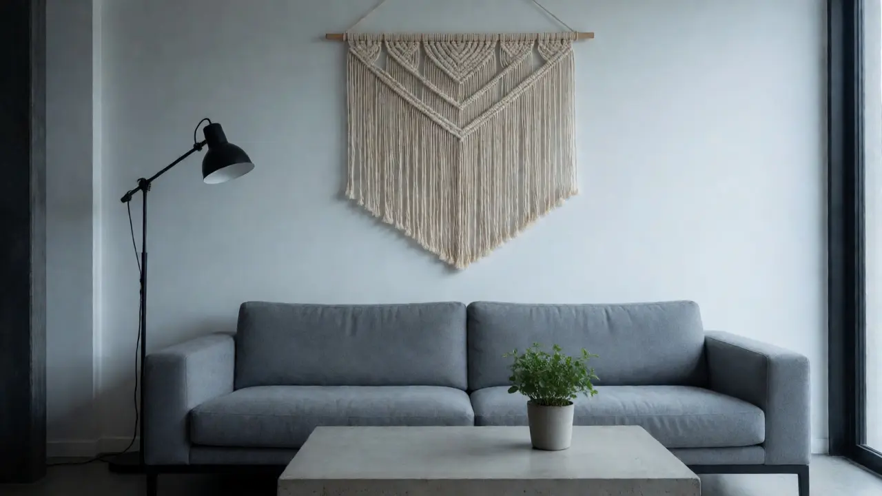 Déco moderne avec macramé géométrique au-dessus d'un canapé gris