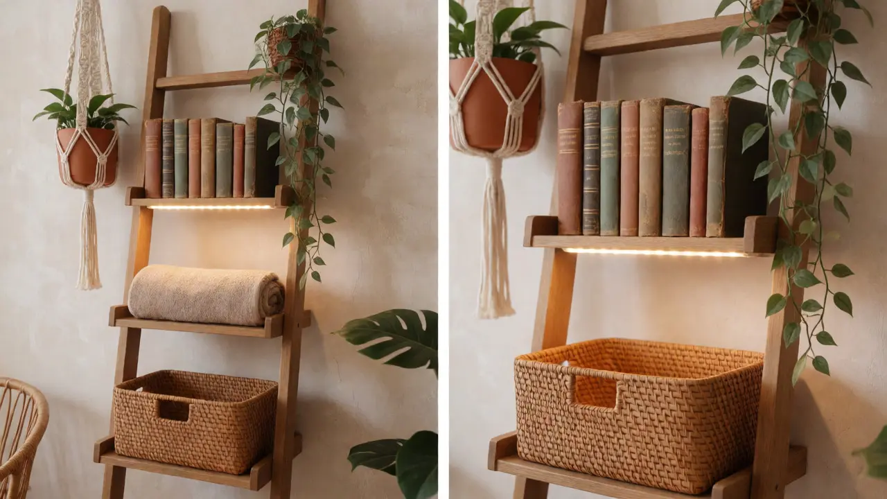 Décoration bohème sur une étagère échelle avec macramé et livres